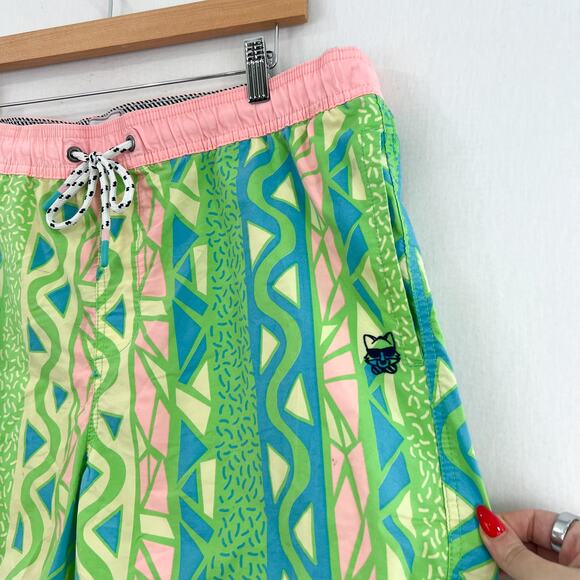 Party Pants Men's Vibrant Neon Swim Trunks XL Swimming Fun Print Pink Green 5" - Picture 4 of 8